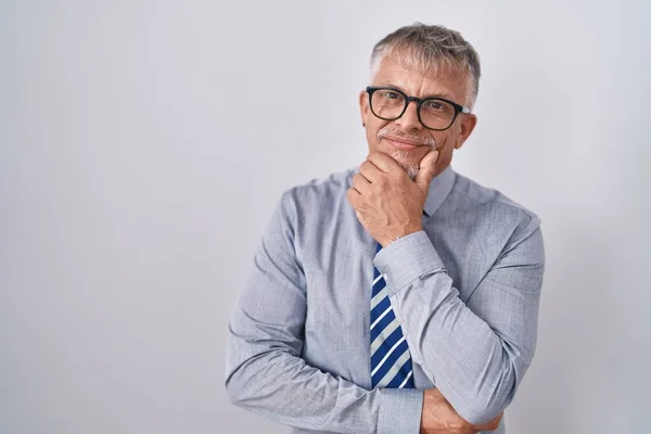 Hispanic Affärsman Med Grått Hår Bär Glasögon Ser Säker Kameran — Stockfoto