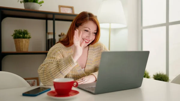 Young Redhead Woman Having Video Call Sitting Table Home — 图库照片