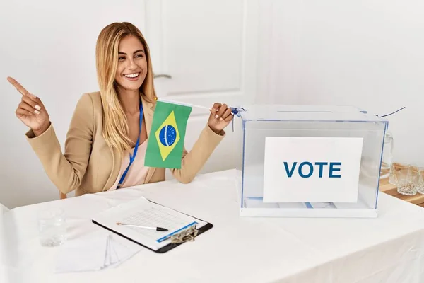 Blonde Beautiful Young Woman Political Campaign Election Holding Brazil Flag — Stock Photo, Image