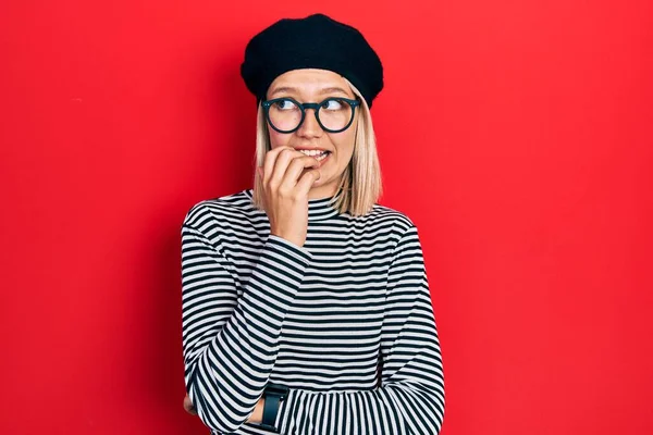 Beautiful Blonde Woman Wearing French Look Beret Glasses Looking Stressed — Photo