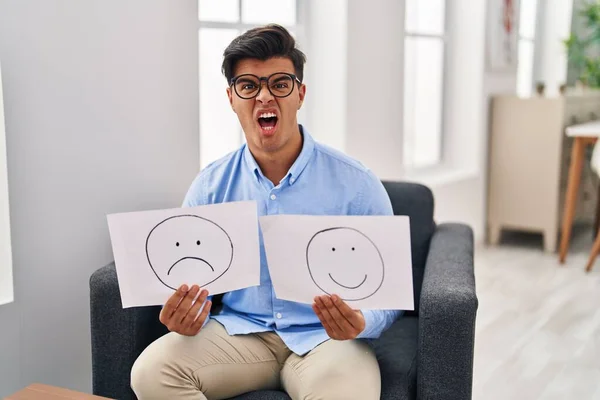 Hispanic Man Working Depression Holding Sad Happy Emotion Paper Angry — Stock Photo, Image