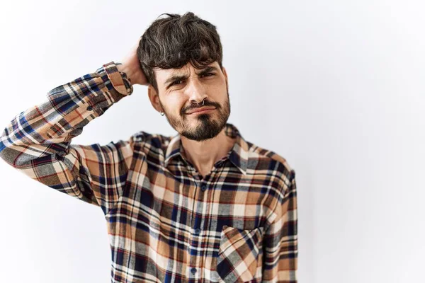 Hispanic Man Beard Standing Isolated Background Confuse Wonder Question Uncertain — Foto de Stock
