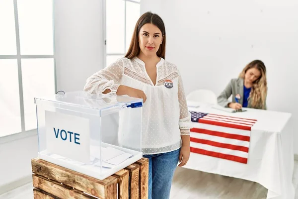 Young Brunette Woman Voting Putting Envelop Ballot Box Thinking Attitude — Photo