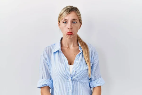 Beautiful Blonde Woman Standing White Background Depressed Worry Distress Crying — Stockfoto