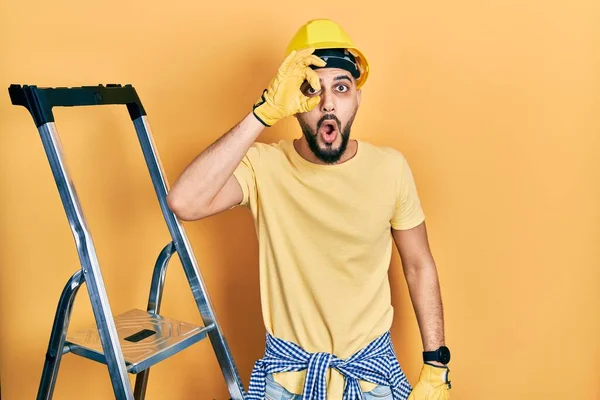 Handsome Man Beard Construction Stairs Wearing Hardhat Doing Gesture Shocked — 스톡 사진