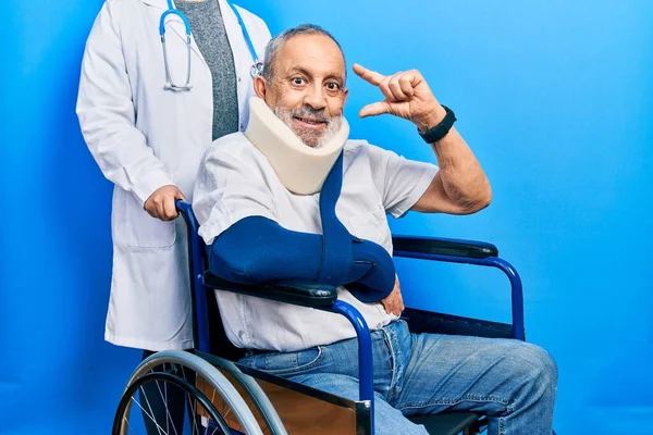 Handsome Senior Man Beard Sitting Wheelchair Neck Collar Smiling Confident — Stok fotoğraf