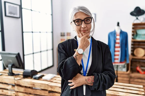 Middle Age Grey Haired Woman Working Manager Retail Boutique Looking — Stok fotoğraf