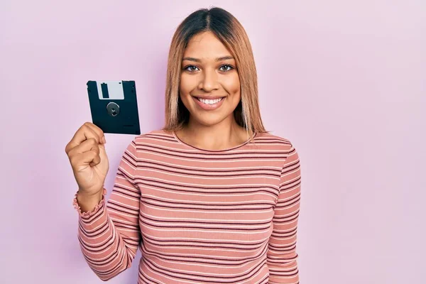Beautiful Hispanic Woman Holding Floppy Disk Looking Positive Happy Standing — Stock Photo, Image