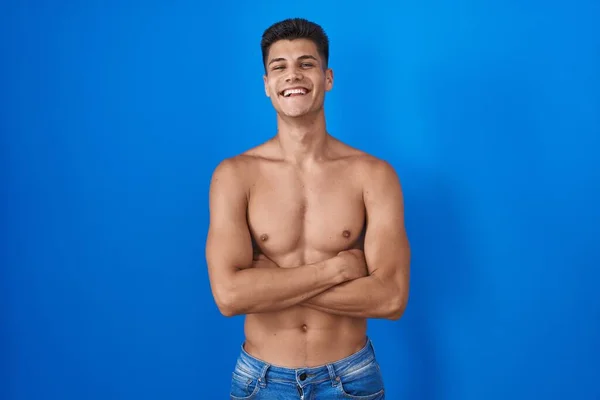 Young Hispanic Man Standing Shirtless Blue Background Happy Face Smiling — Stock Photo, Image
