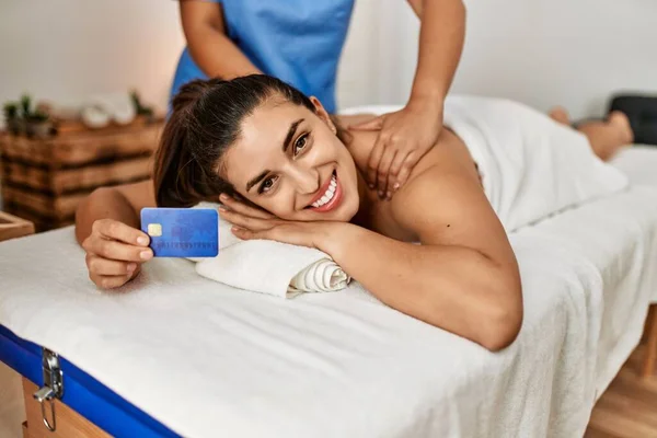 Two Women Therapist Patient Having Massage Session Holding Credit Card — Stock Photo, Image