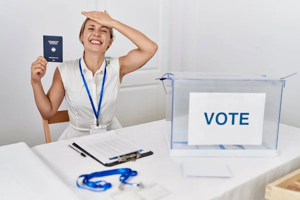 Young Blonde Woman Political Campaign Election Holding Germany Passport Stressed — Stock fotografie