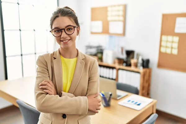 Young Brunette Teenager Wearing Business Style Office Happy Face Smiling — Stockfoto