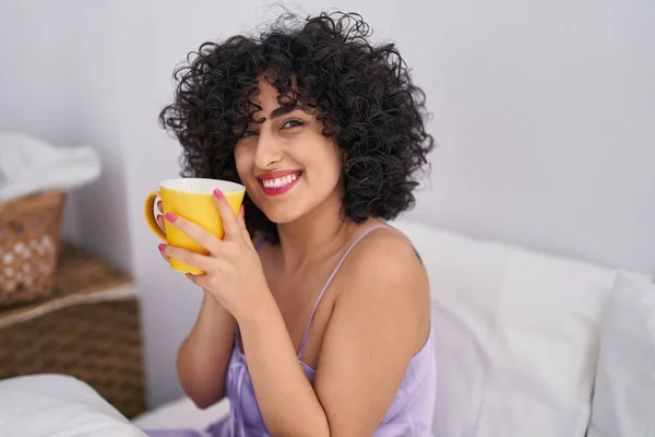 Young Middle East Woman Drinking Cup Coffee Sitting Bed Bedroom — Foto de Stock