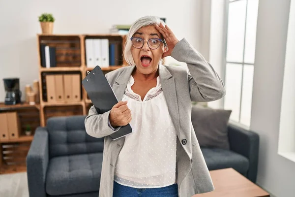 Middle Age Woman Grey Hair Consultation Office Crazy Scared Hands — Stockfoto