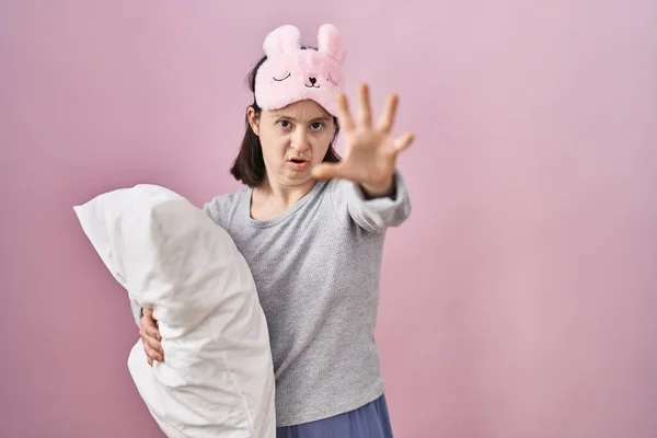 Woman Syndrome Wearing Sleeping Mask Hugging Pillow Doing Stop Gesture —  Fotos de Stock