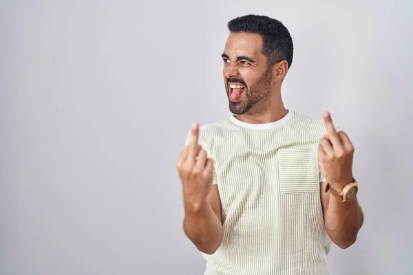 Hispanic Man Beard Standing Isolated Background Showing Middle Finger Doing — Φωτογραφία Αρχείου