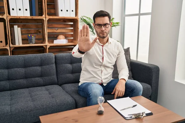 Young Hispanic Man Beard Working Consultation Office Doing Stop Sing — Stockfoto