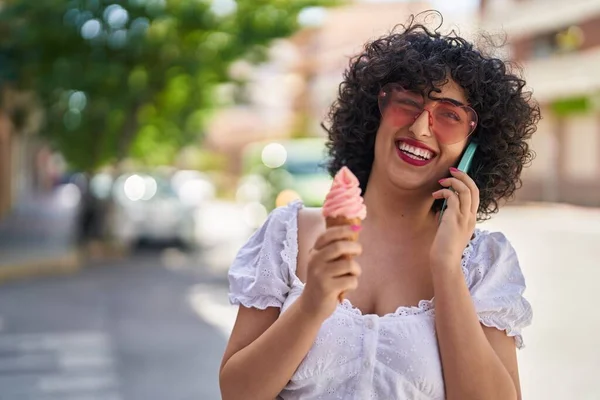 Young Middle East Woman Talking Smartphone Eating Ice Cream Street — ストック写真