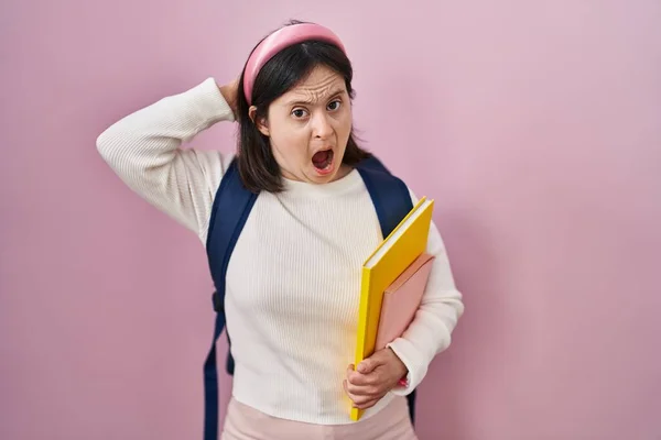 Woman Syndrome Wearing Student Backpack Holding Books Crazy Scared Hands — Fotografia de Stock