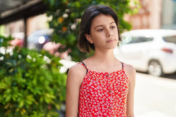Adorable Hispanic Girl Looking Side Serious Expression Street — Stockfoto