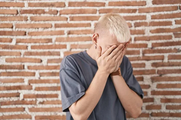 Young Caucasian Man Standing Bricks Wall Sad Expression Covering Face — Zdjęcie stockowe