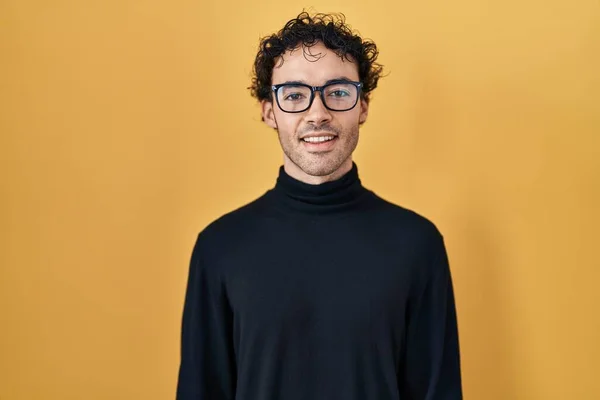 Hispanic Man Standing Yellow Background Happy Cool Smile Face Lucky — 스톡 사진