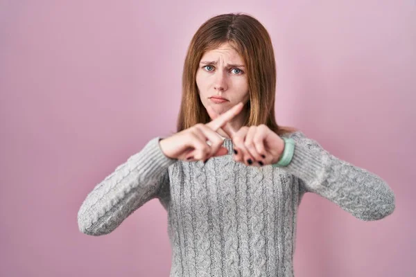 Beautiful Woman Standing Pink Background Rejection Expression Crossing Fingers Doing — 图库照片