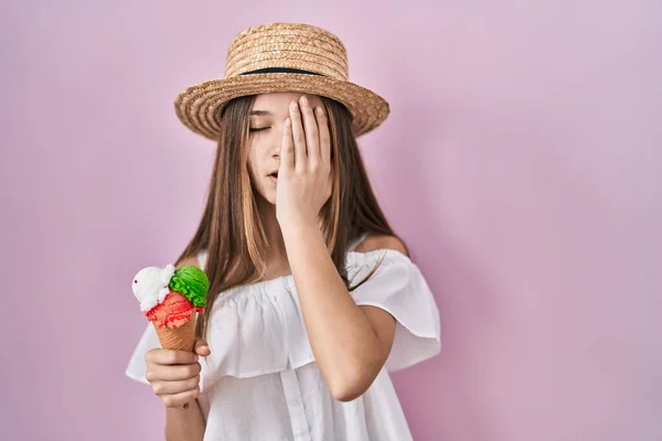 Teenager Girl Holding Ice Cream Yawning Tired Covering Half Face — Photo