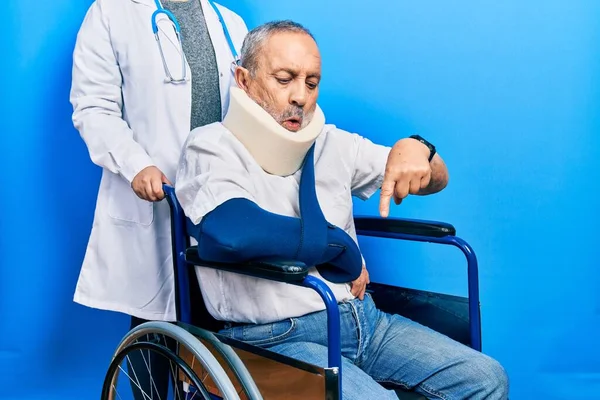 Handsome Senior Man Beard Sitting Wheelchair Neck Collar Pointing Fingers — Stok fotoğraf