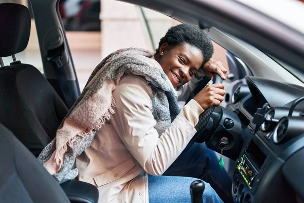 African American Woman Smiling Confident Driving Car Street — Stockfoto