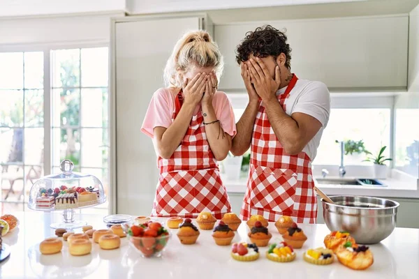 Couple Wife Husband Cooking Pastries Kitchen Sad Expression Covering Face — Fotografia de Stock