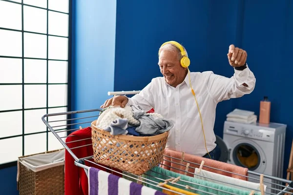 Senior Man Listening Music Hanging Clothes Clothesline Laundry Room — Photo