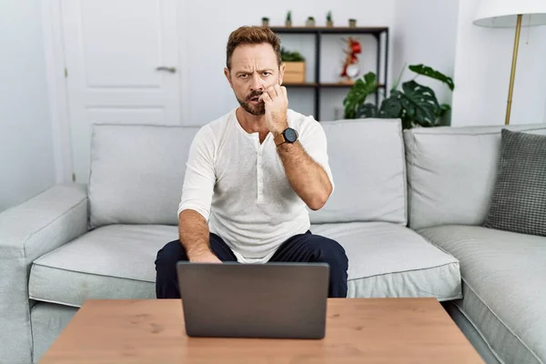 Middle age man using laptop at home looking stressed and nervous with hands on mouth biting nails. anxiety problem.