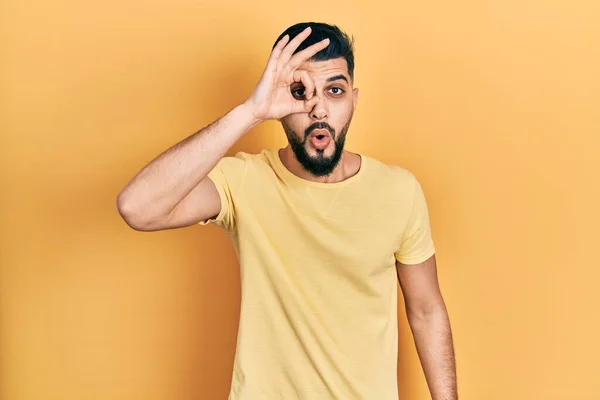 Handsome Man Beard Wearing Casual Yellow Shirt Doing Gesture Shocked — Stock fotografie