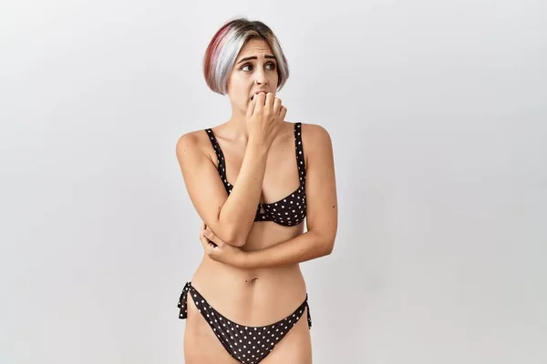 Young Beautiful Woman Wearing Swimsuit Isolated Background Looking Stressed Nervous — Stok fotoğraf