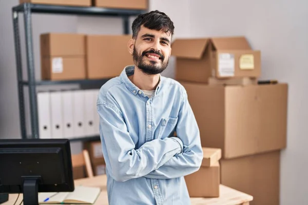 Young Hispanic Man Ecommerce Business Worker Standing Arms Crossed Gesture — Stockfoto