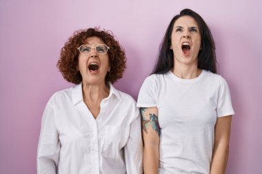 İspanyol anne ve kızı pembe arka plan üzerine gündelik beyaz tişört giyiyorlar kızgın ve öfkeli çığlıklar atıyorlar, öfkeyle bağırıyorlar. öfke ve agresif konsept. 