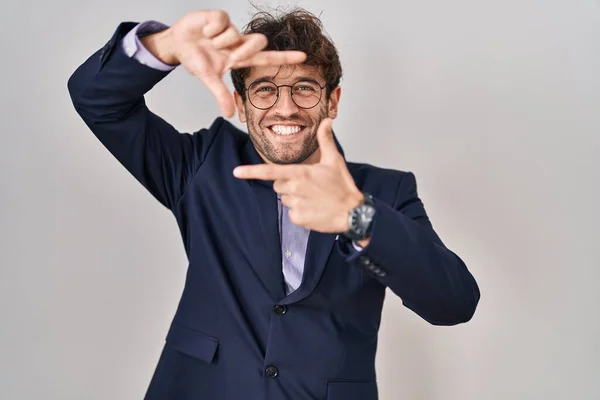 Hispanic Business Man Wearing Glasses Smiling Making Frame Hands Fingers — Stock Photo, Image