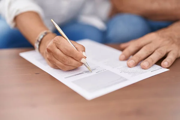 Man Woman Couple Sitting Sofa Writing Document Home — 스톡 사진