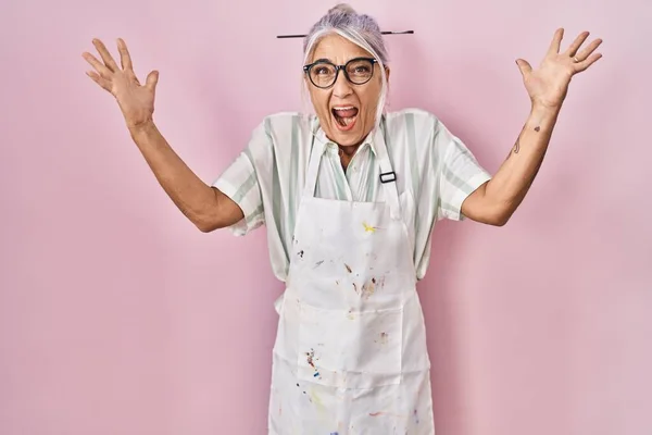 Middle Age Woman Grey Hair Wearing Artist Look Celebrating Victory — Stock Fotó
