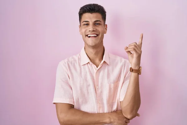 Young Hispanic Man Standing Pink Background Big Smile Face Pointing — Foto de Stock