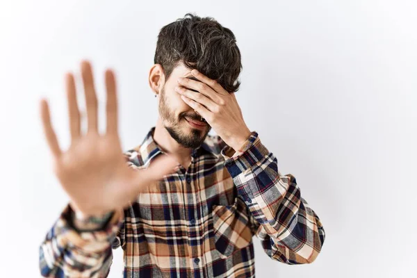 Hispanic Man Beard Standing Isolated Background Covering Eyes Hands Doing — Stok fotoğraf