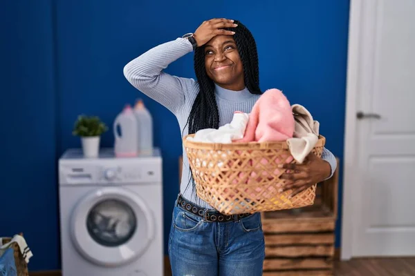 African American Woman Holding Laundry Basket Stressed Frustrated Hand Head — Foto Stock