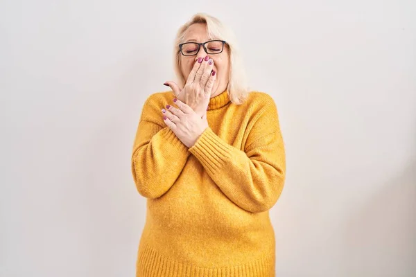 Middle Age Caucasian Woman Wearing Glasses Standing Background Bored Yawning — Stock Fotó