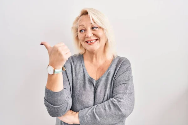 Middle Age Caucasian Woman Standing White Background Smiling Happy Face — Photo