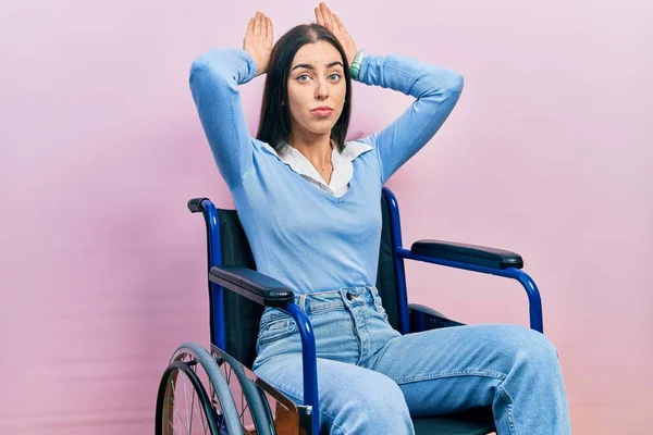 Beautiful Woman Blue Eyes Sitting Wheelchair Doing Bunny Ears Gesture — Stock Photo, Image
