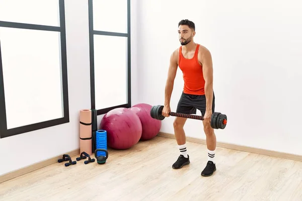 Young Arab Man Training Dumbbells Sport Center — Fotografia de Stock
