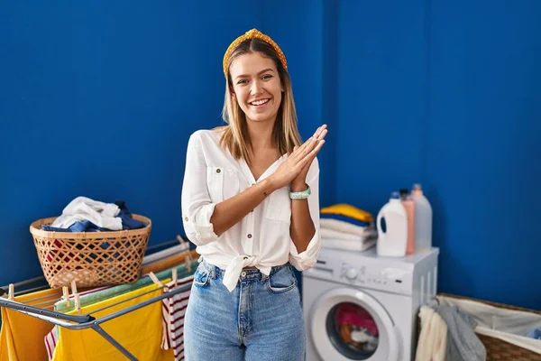 Young Blonde Woman Laundry Room Clapping Applauding Happy Joyful Smiling — Stockfoto