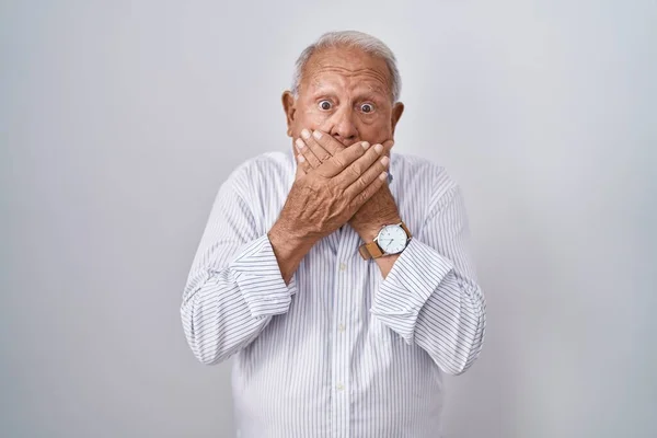 Senior Man Grey Hair Standing Isolated Background Shocked Covering Mouth — Stok fotoğraf