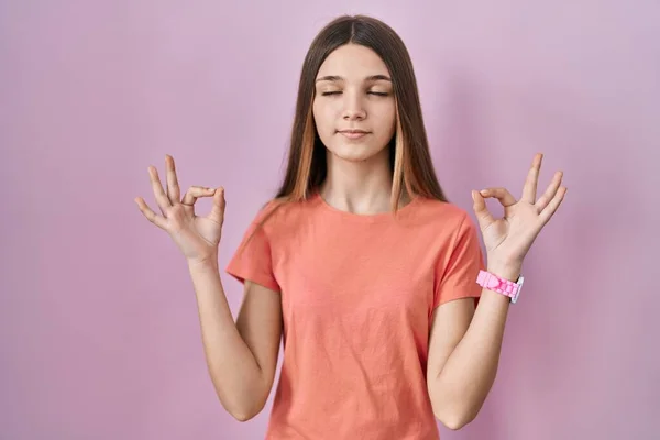 Teenager Girl Standing Pink Background Relaxed Smiling Eyes Closed Doing — Fotografia de Stock